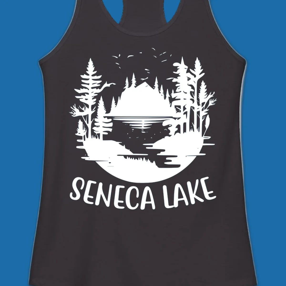 Seneca Lake scenic vista with mountains, trees, and text.