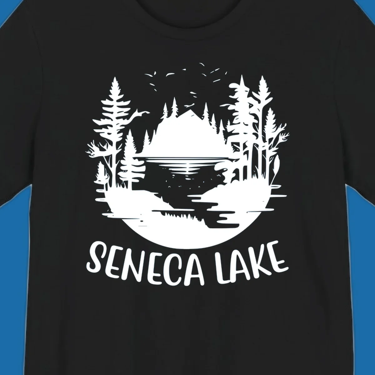 Seneca Lake scenic vista with mountains, trees, and text.