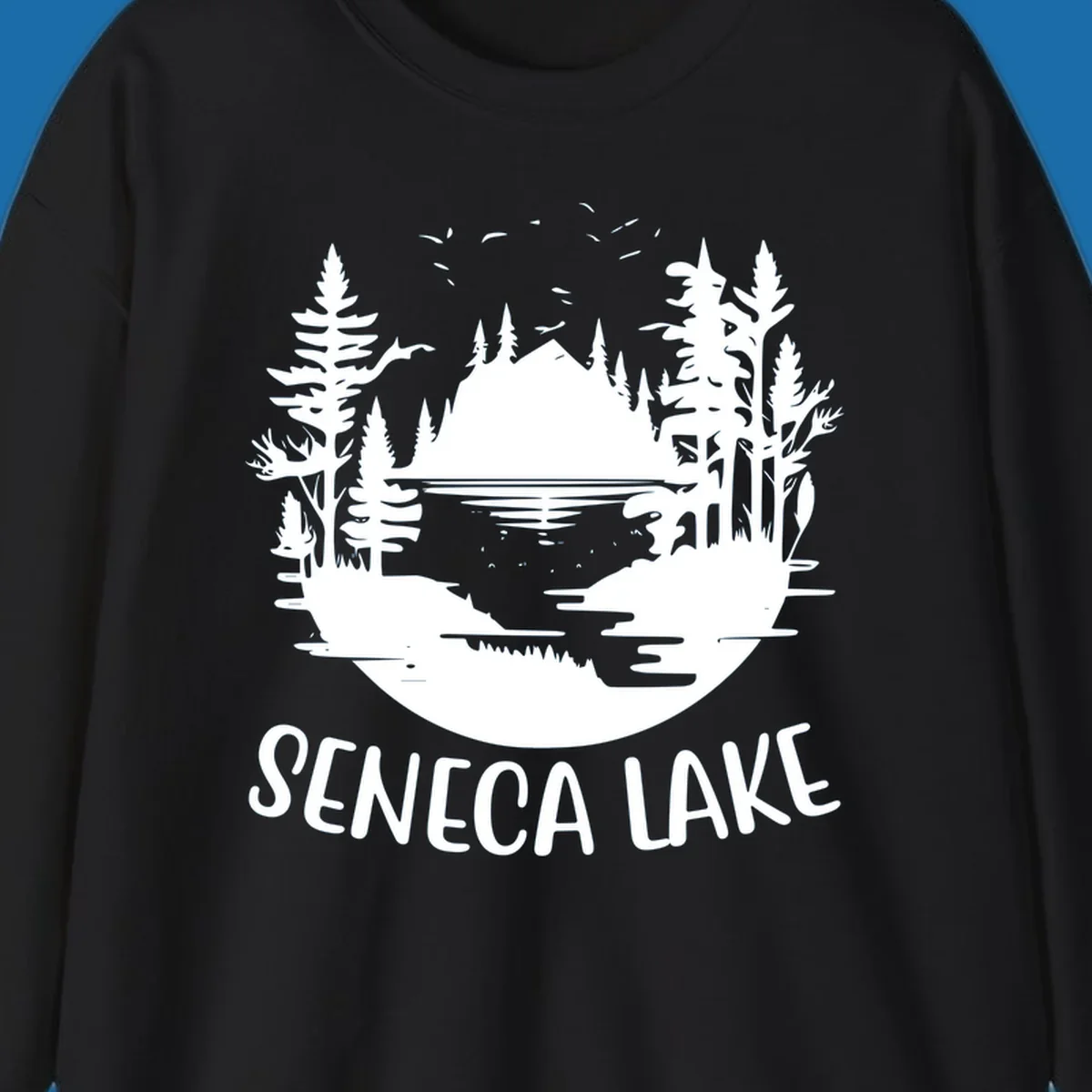 Seneca Lake scenic vista with mountains, trees, and text.