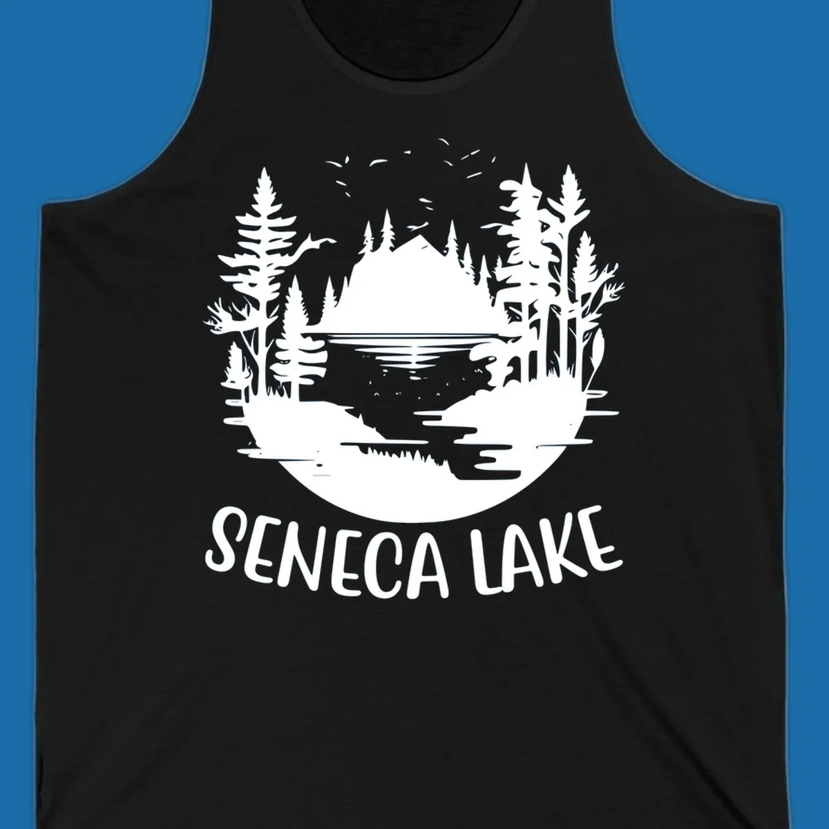 Seneca Lake scenic vista with mountains, trees, and text.