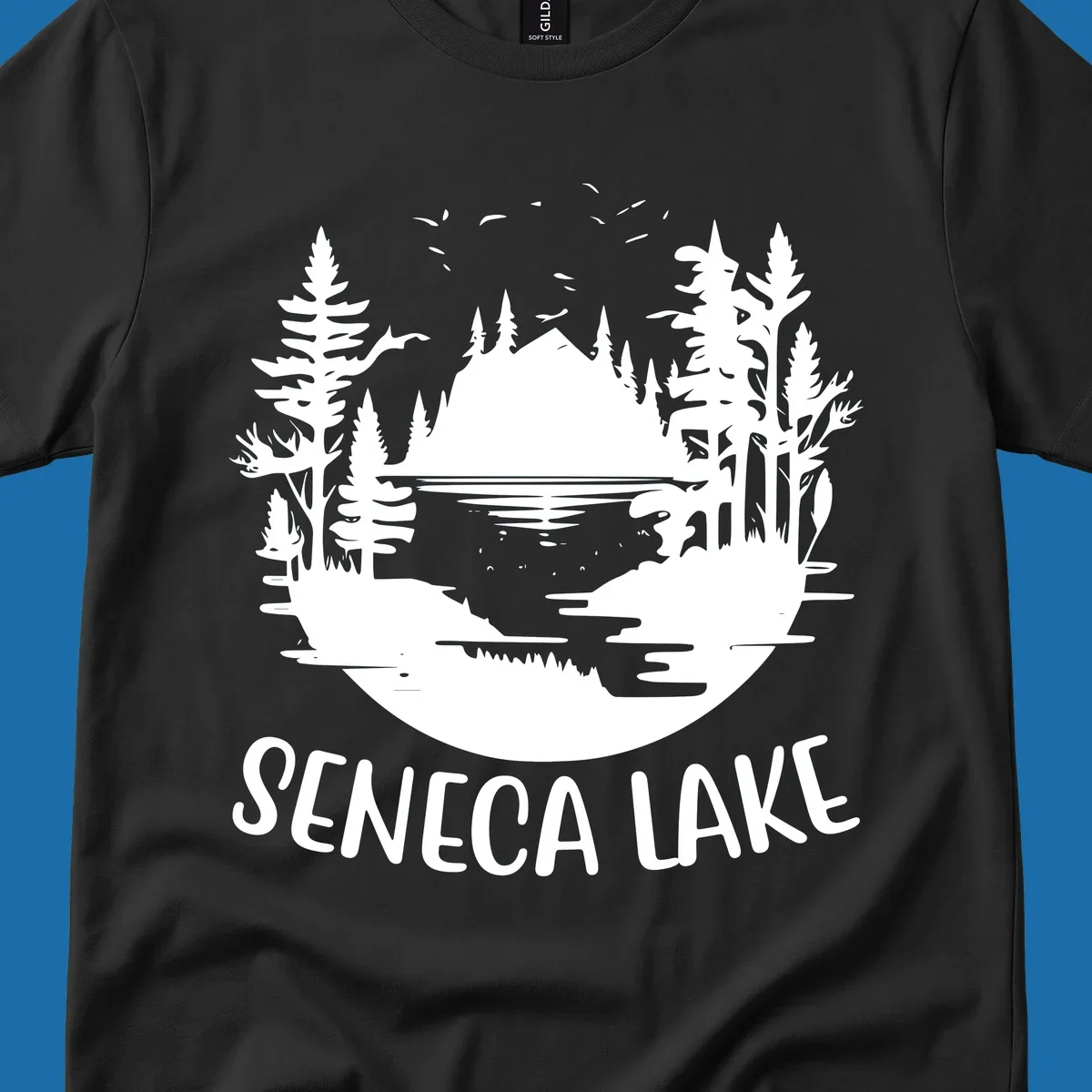 Seneca Lake scenic vista with mountains, trees, and text.