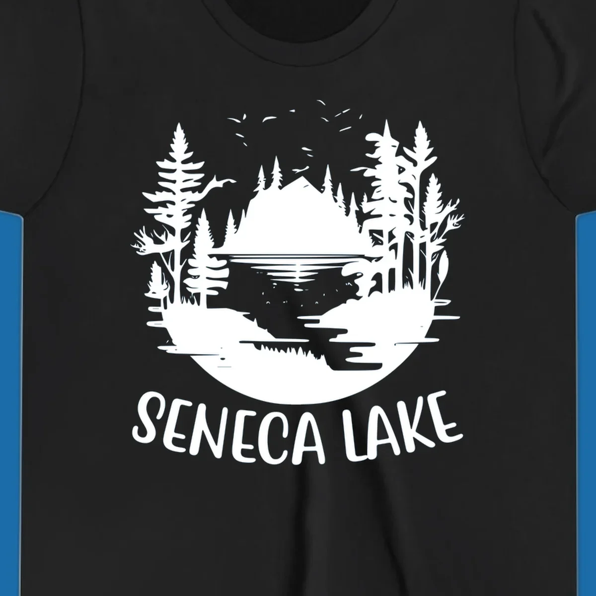 Seneca Lake scenic vista with mountains, trees, and text.