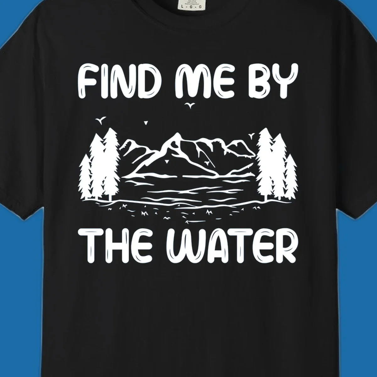 Find me by the water mountain lake scene illustration