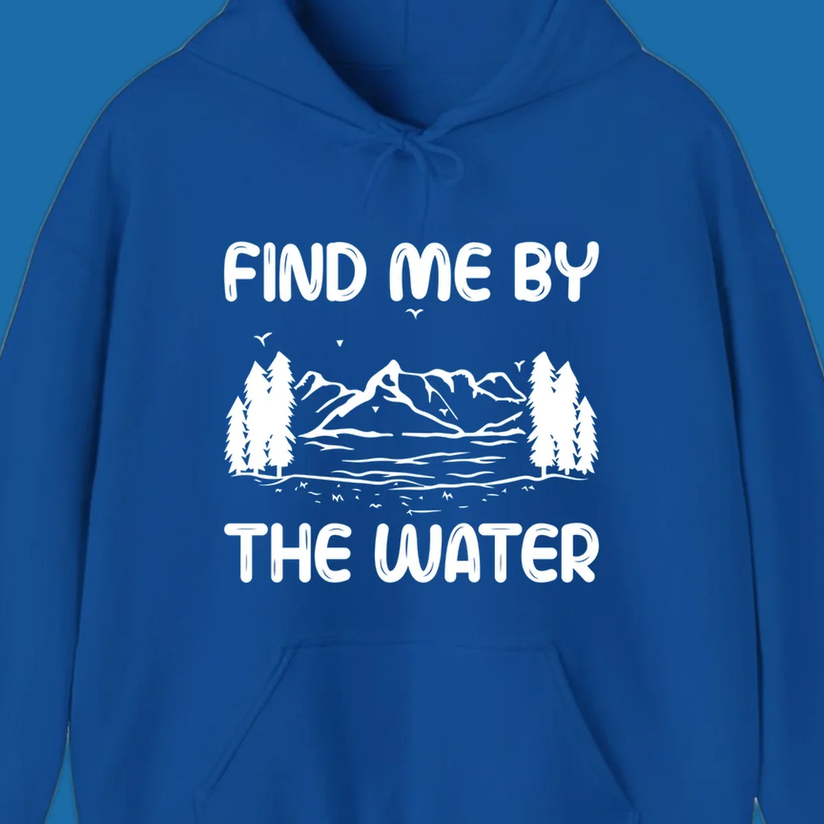 Find me by the water mountain lake scene illustration