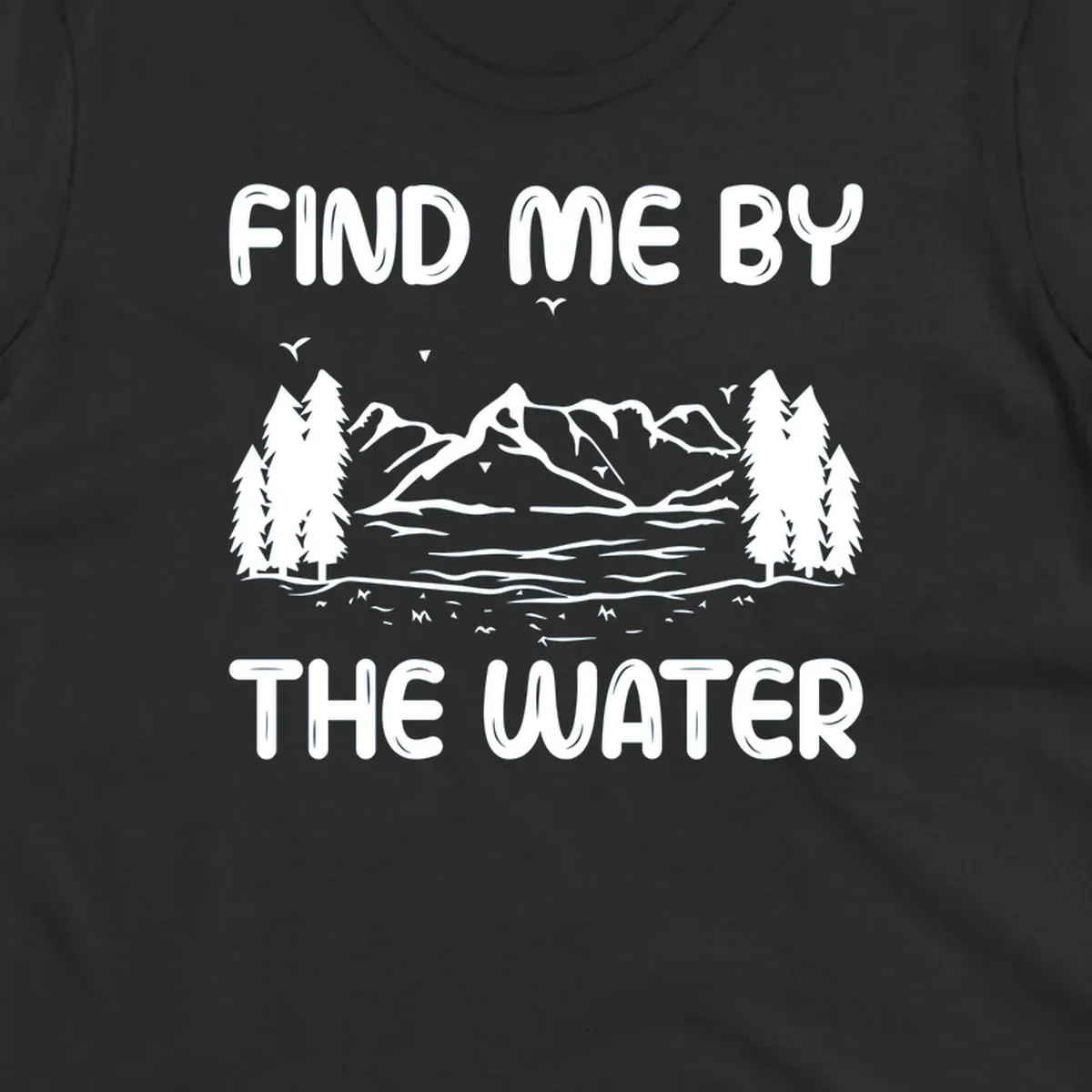 Find me by the water mountain lake scene illustration