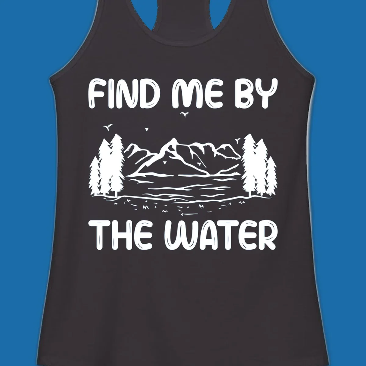Find me by the water mountain lake scene illustration