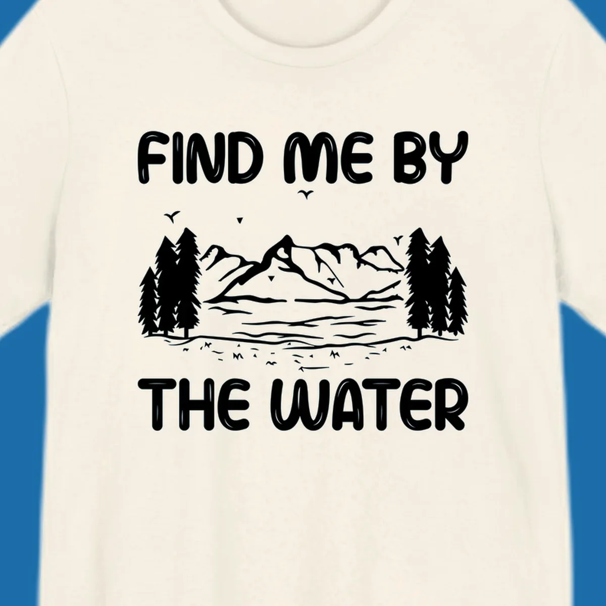 Find me by the water mountain lake scene illustration