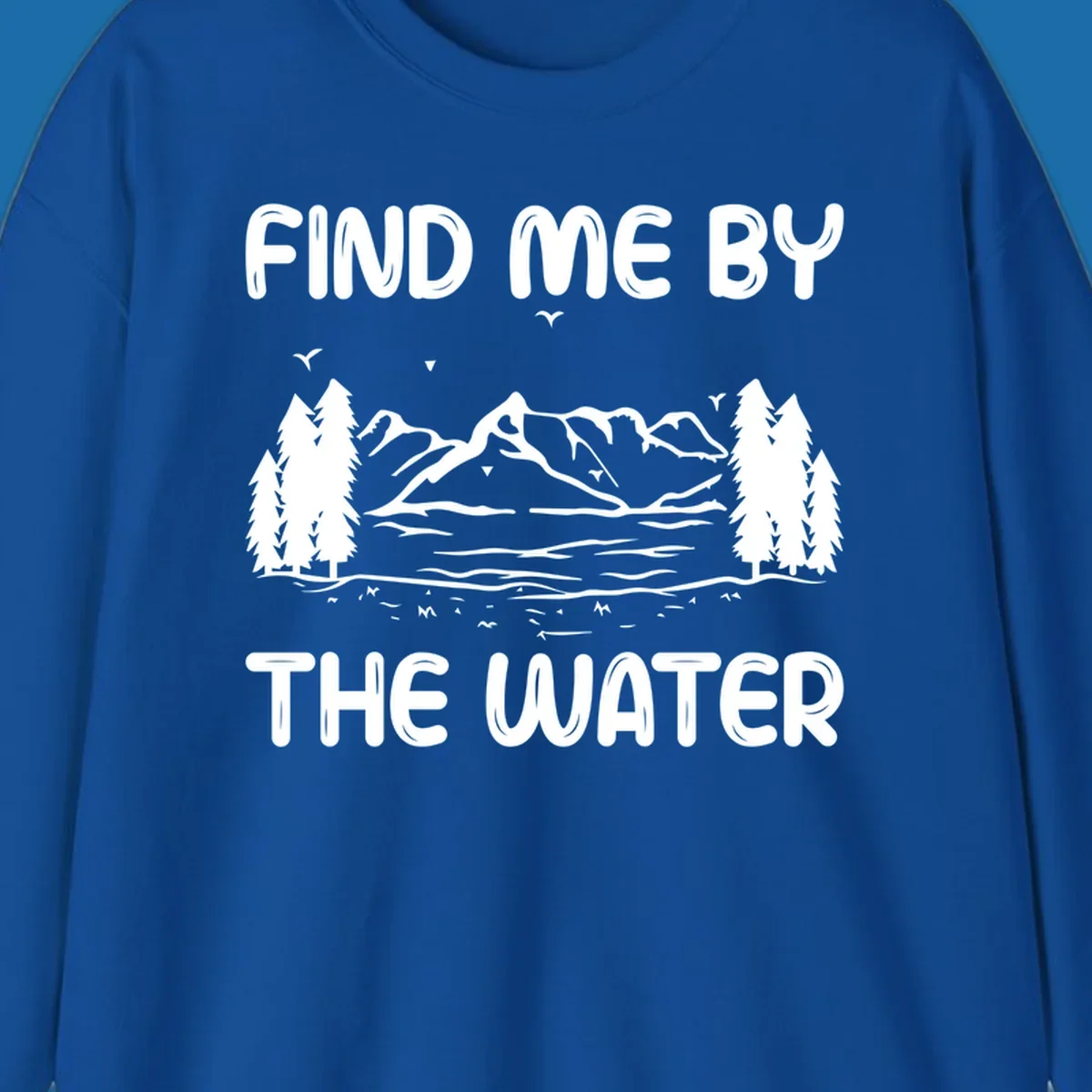 Find me by the water mountain lake scene illustration