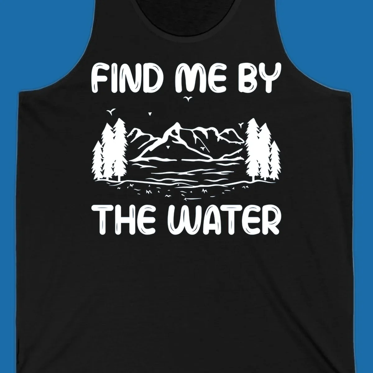 Find me by the water mountain lake scene illustration