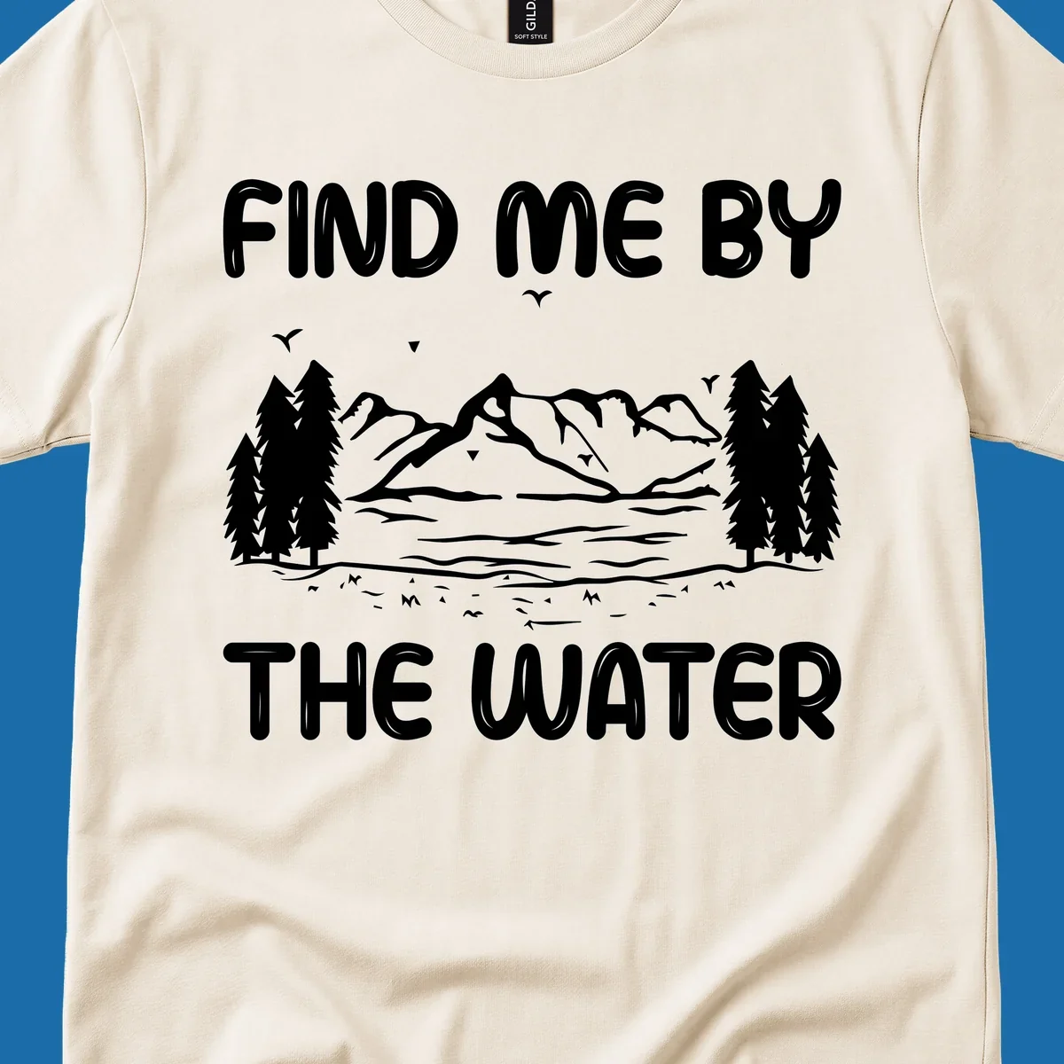 Find me by the water mountain lake scene illustration