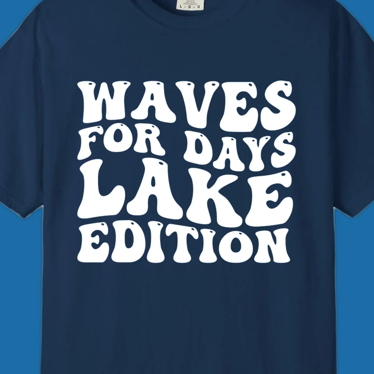 Retro bubbly white text: Waves For Days Lake Edition on black background.