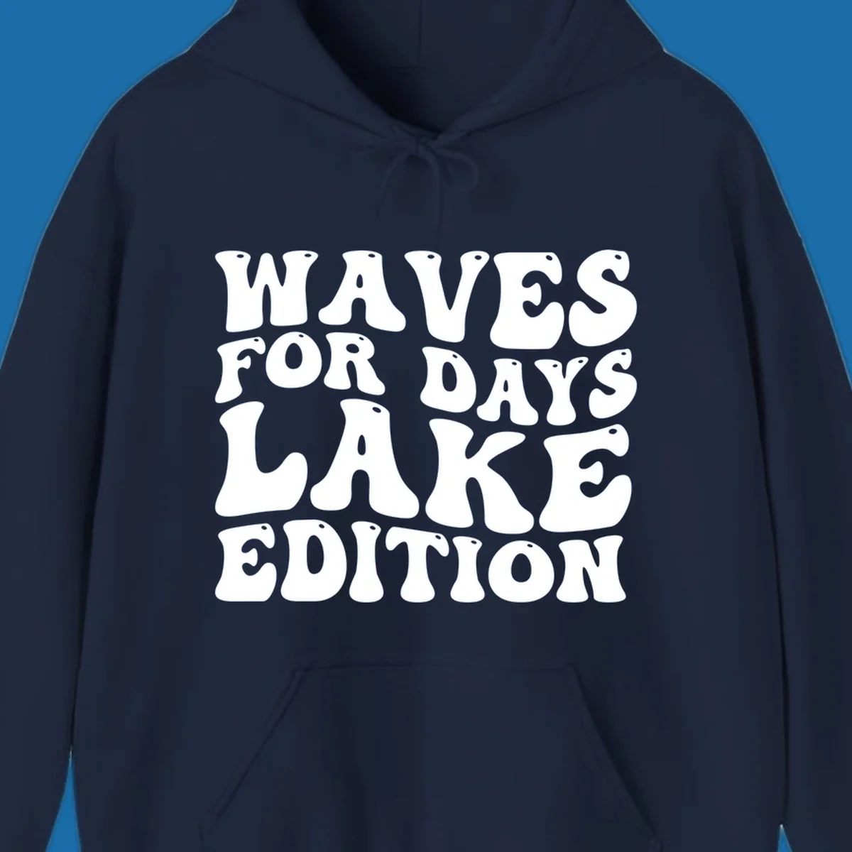 Retro bubbly white text: Waves For Days Lake Edition on black background.