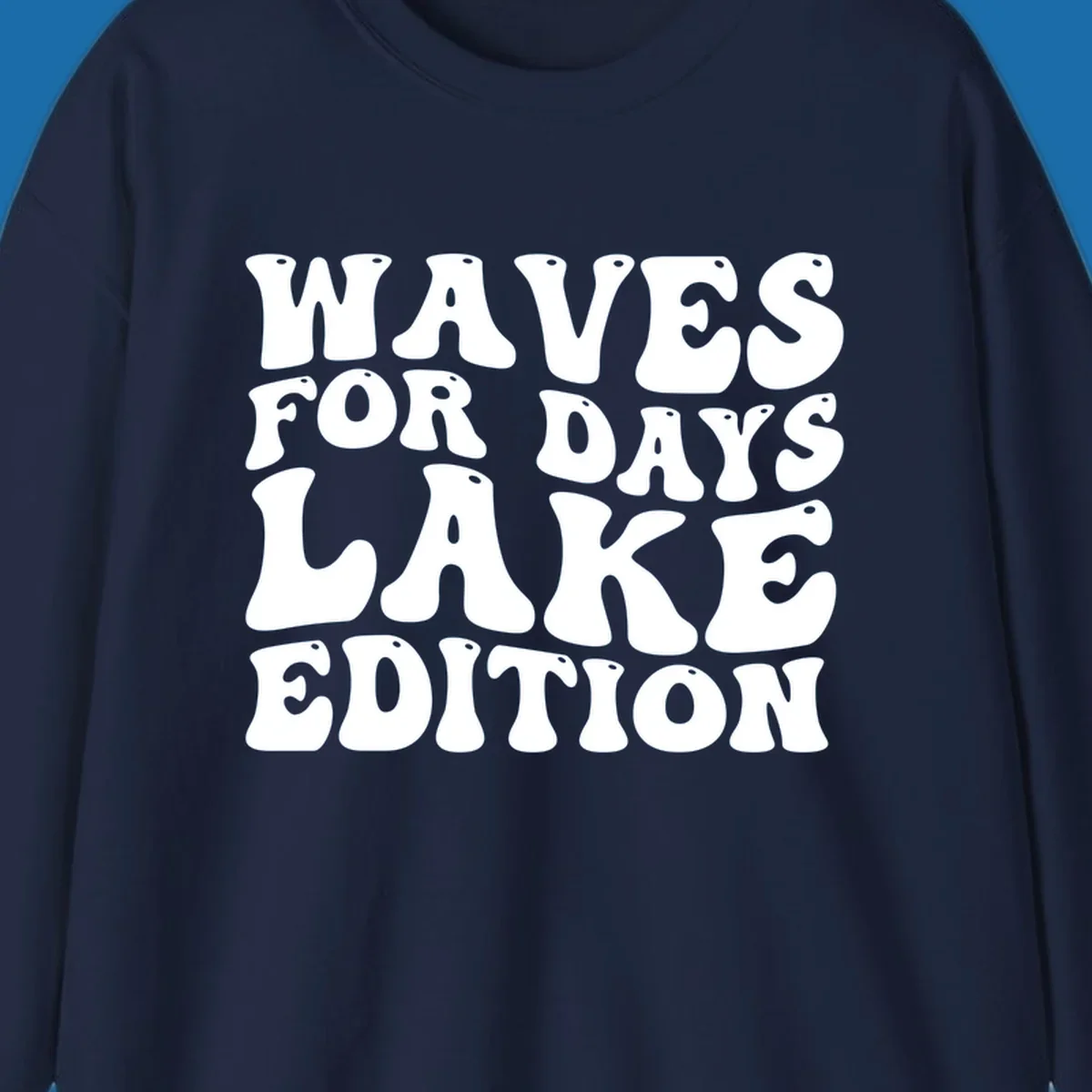 Retro bubbly white text: Waves For Days Lake Edition on black background.