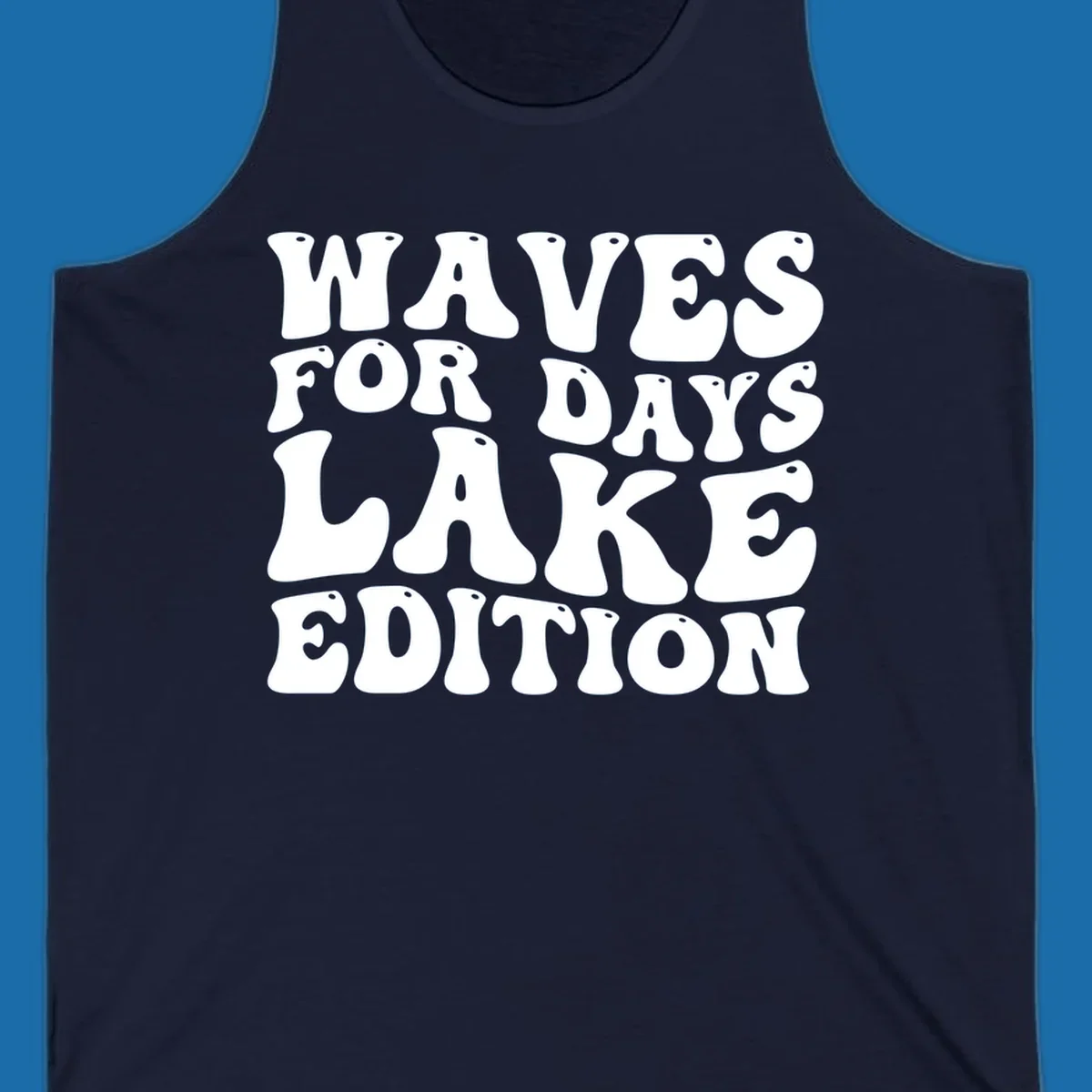 Retro bubbly white text: Waves For Days Lake Edition on black background.