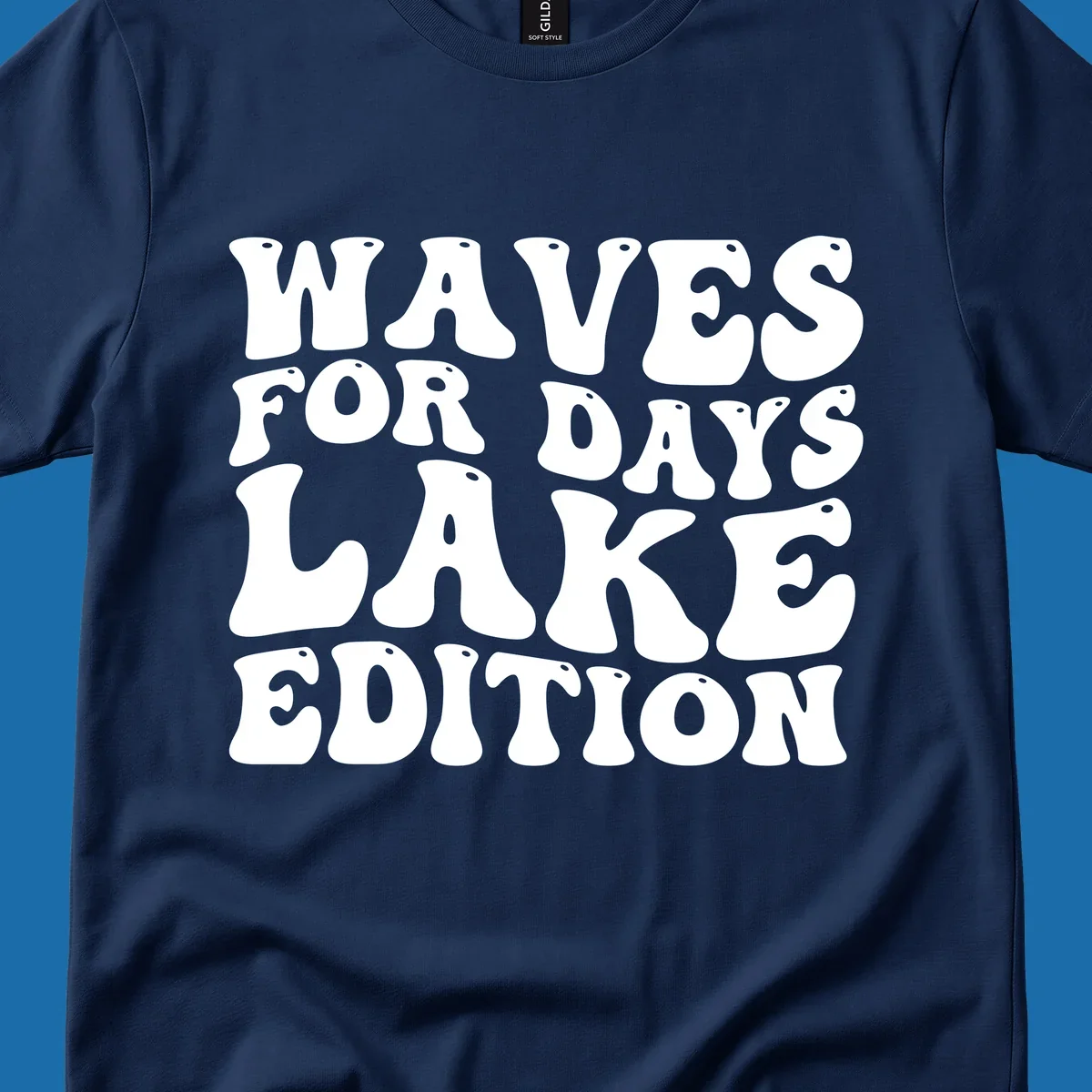 Retro bubbly white text: Waves For Days Lake Edition on black background.