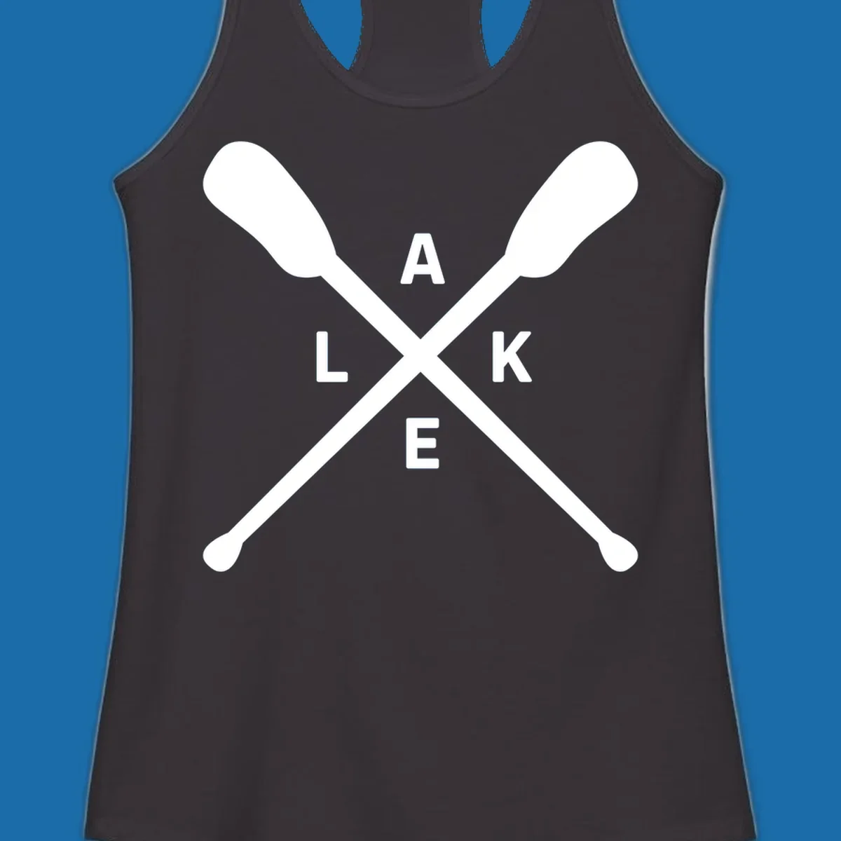 Crossed oars with the word LAKE in the center, representing lake day adventures.