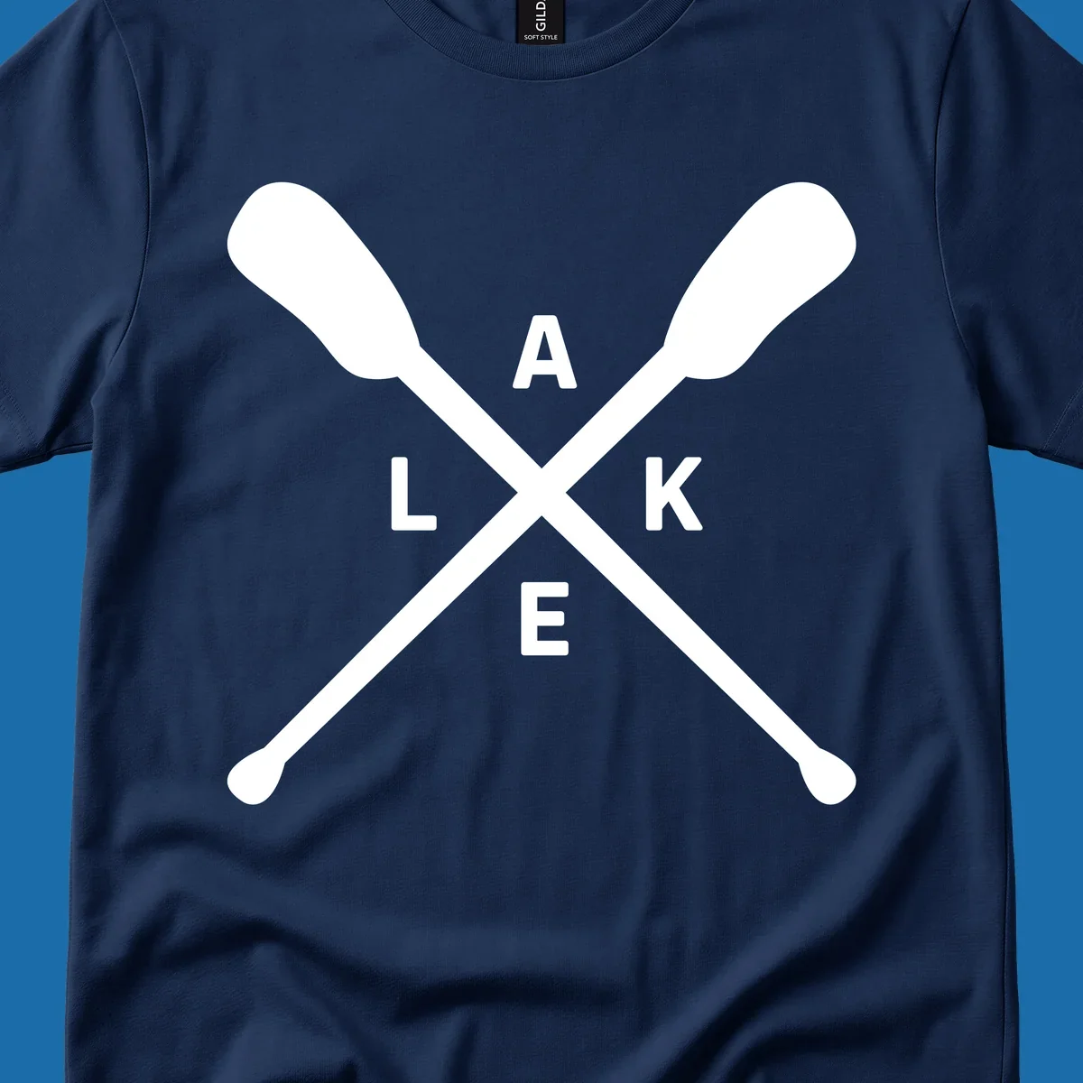 Crossed oars with the word LAKE in the center, representing lake day adventures.