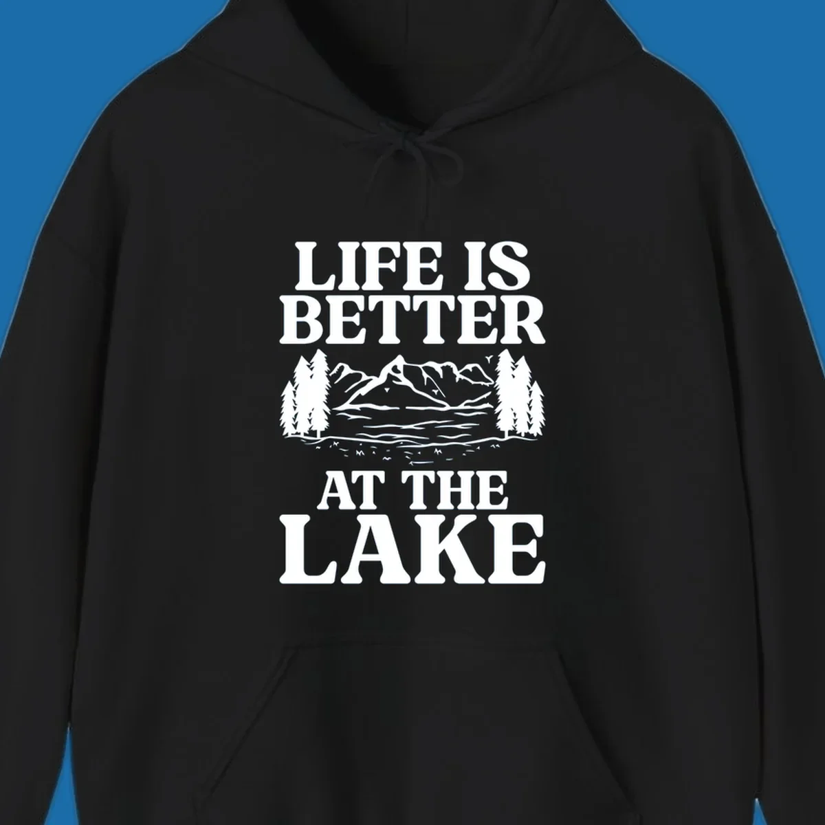 Life is better at the lake scenic design with mountains, lake, and trees