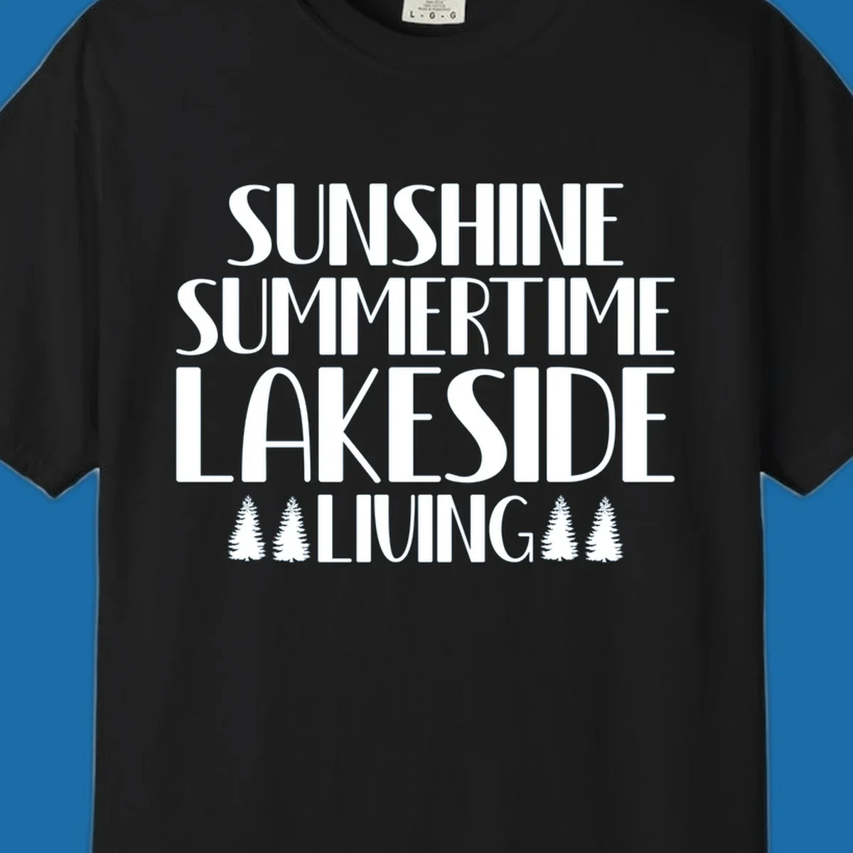 Sunshine summertime lakeside living text with pine trees, white on black and white backgrounds.