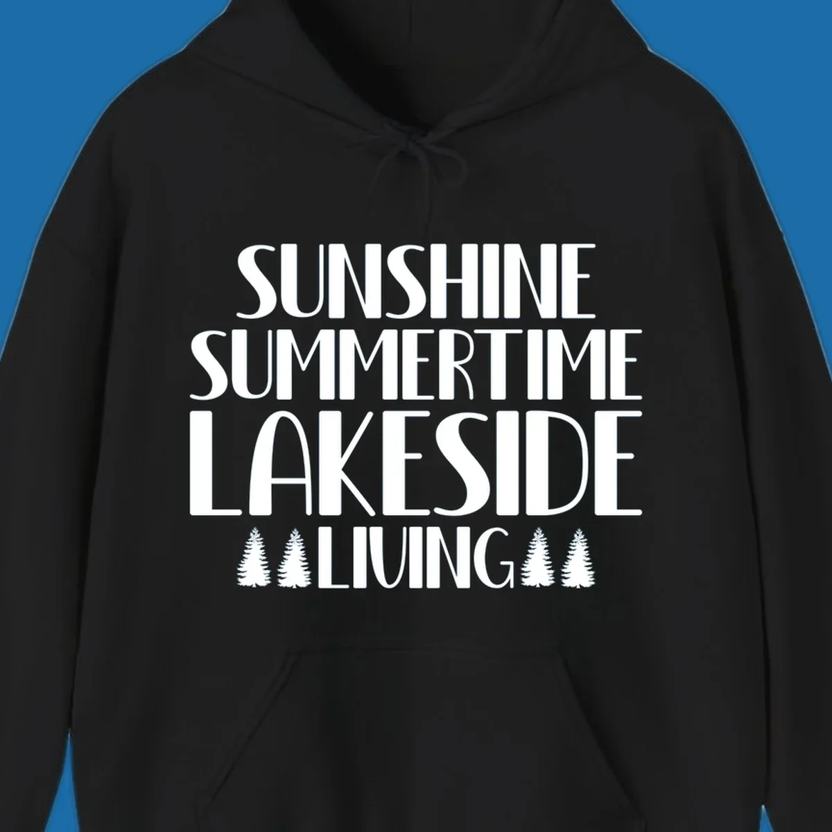 Sunshine summertime lakeside living text with pine trees, white on black and white backgrounds.