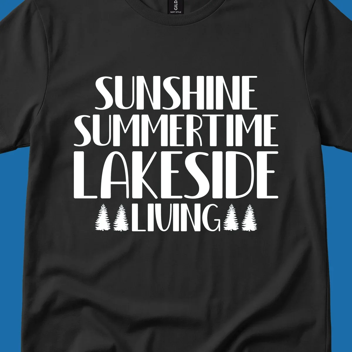 Sunshine summertime lakeside living text with pine trees, white on black and white backgrounds.
