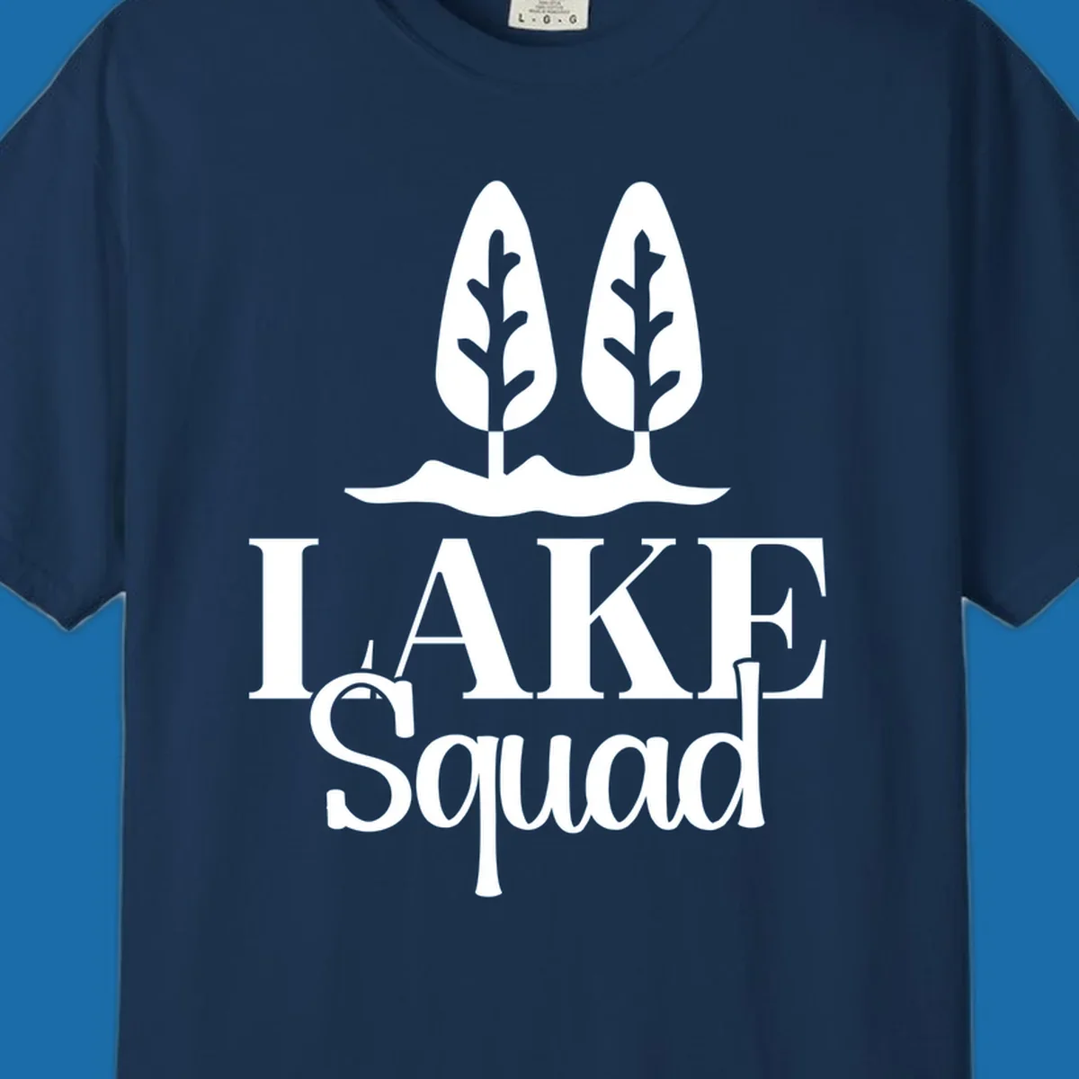 White trees and text 'LAKE Squad' for lake squad trees design.