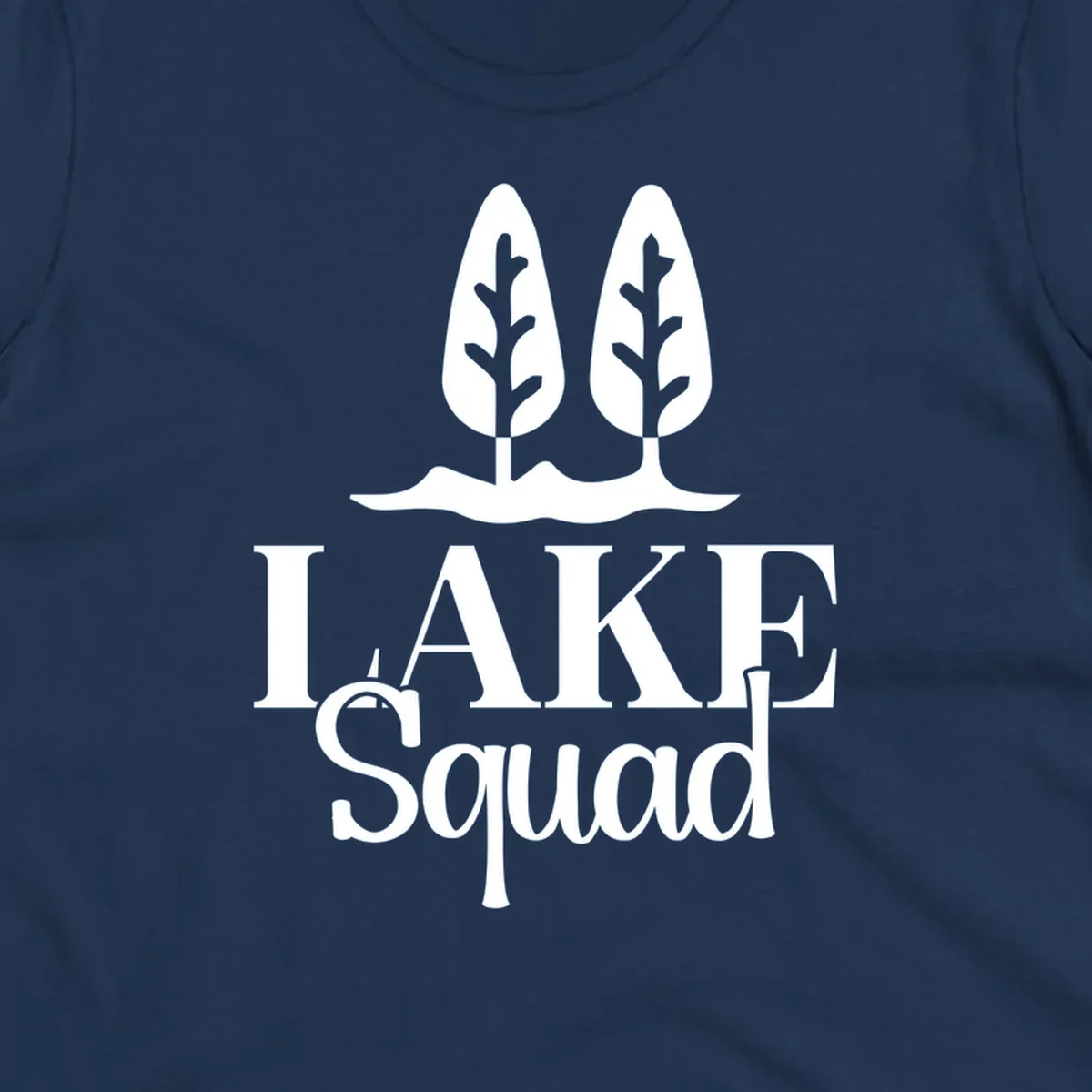 White trees and text 'LAKE Squad' for lake squad trees design.
