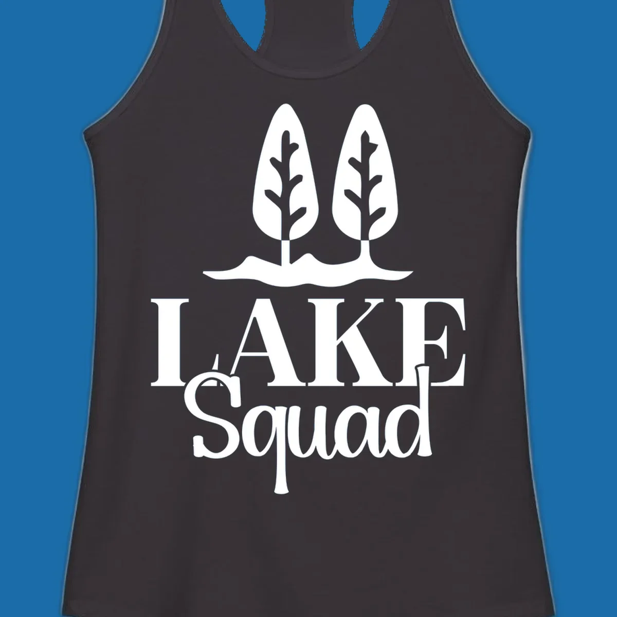 White trees and text 'LAKE Squad' for lake squad trees design.