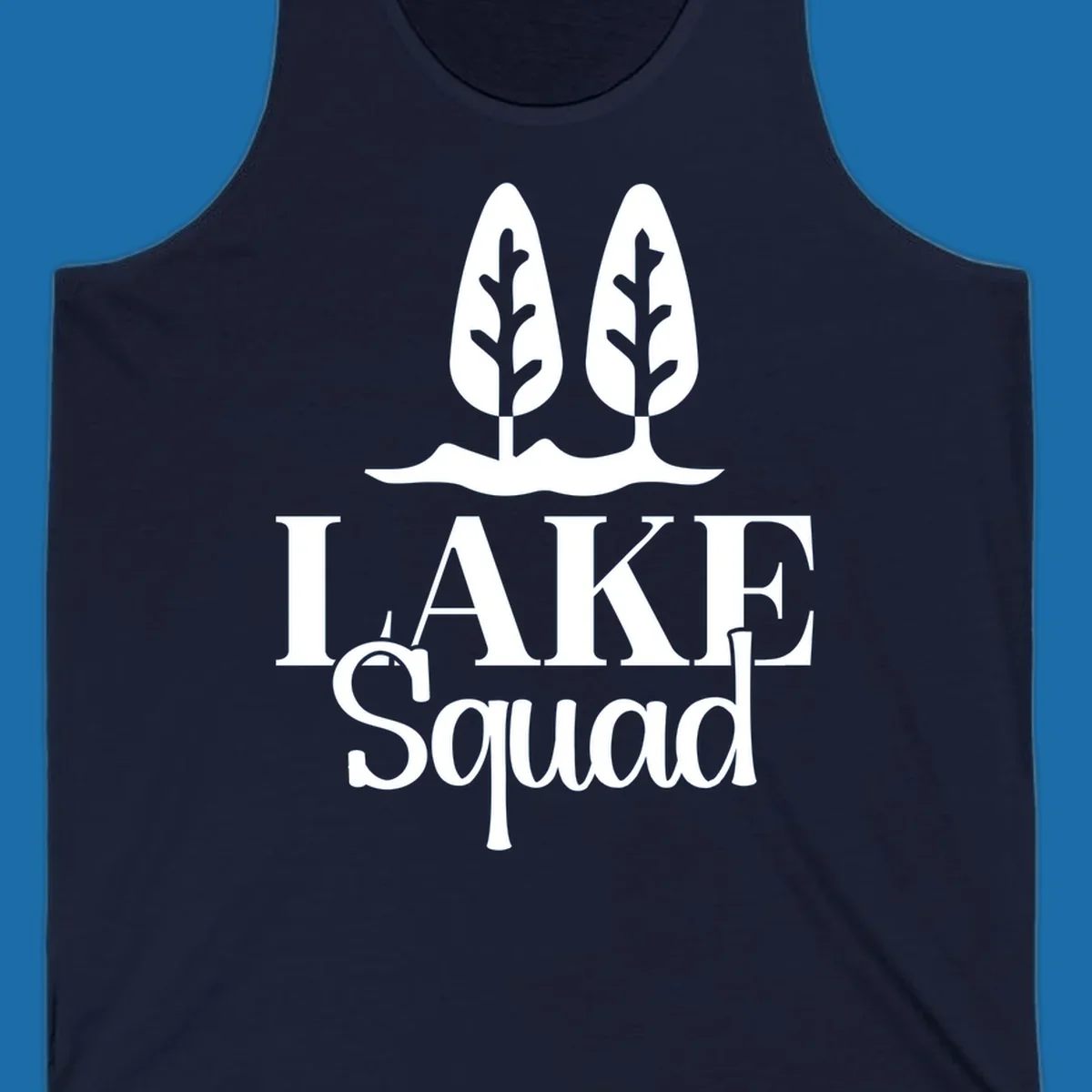 White trees and text 'LAKE Squad' for lake squad trees design.