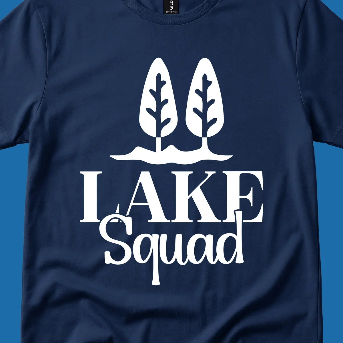 White trees and text 'LAKE Squad' for lake squad trees design.