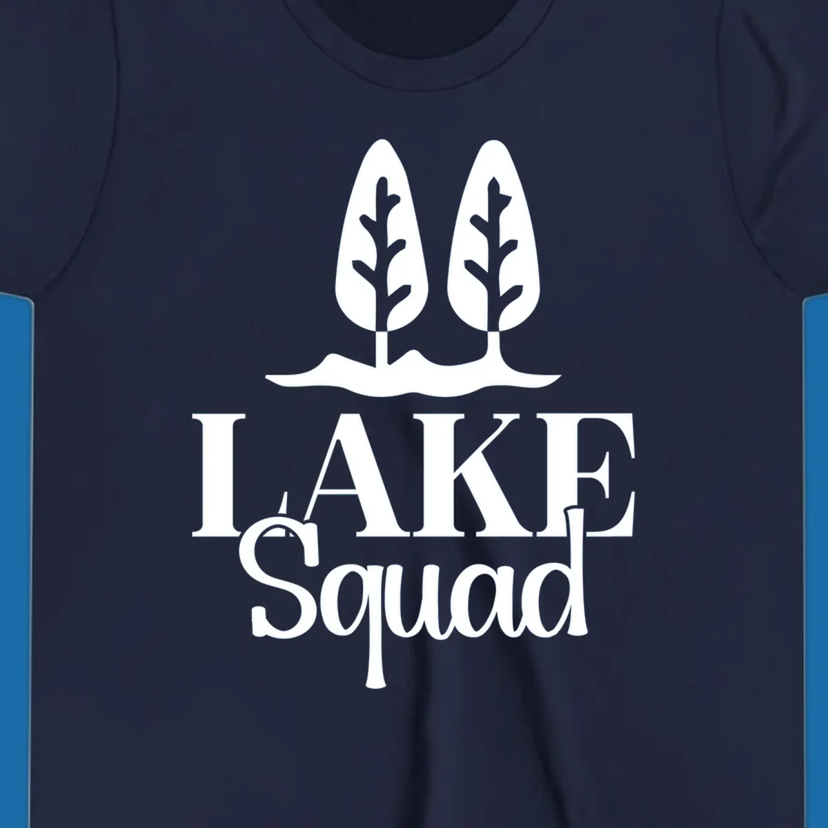 White trees and text 'LAKE Squad' for lake squad trees design.