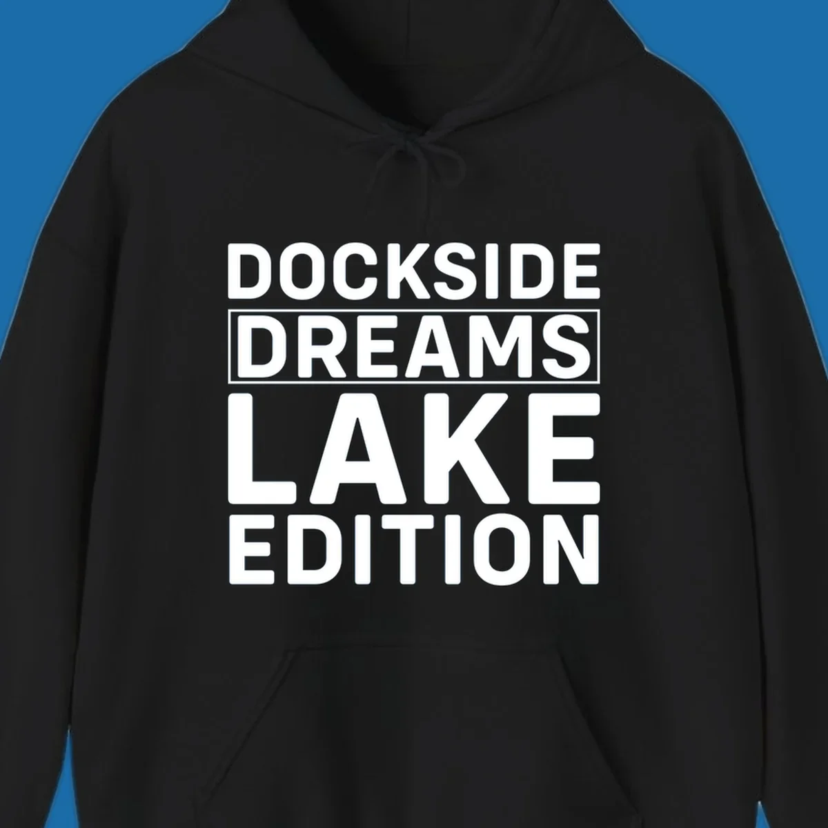 Dockside Dreams Lake Edition text design in bold white lettering.