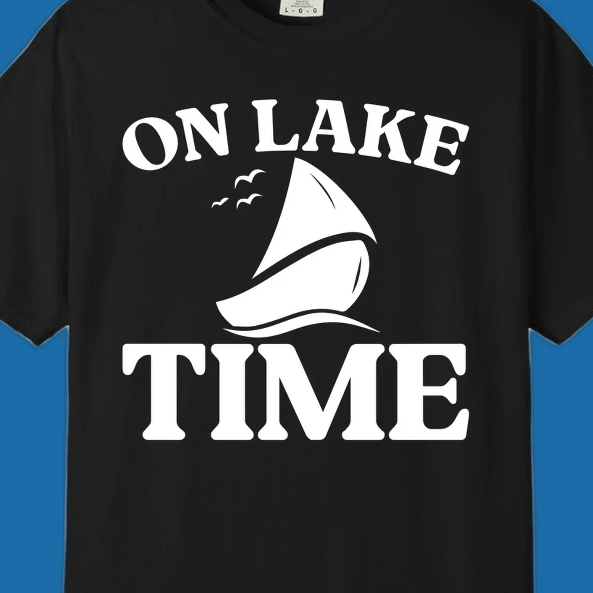On lake time sailboat graphic with birds and waves.