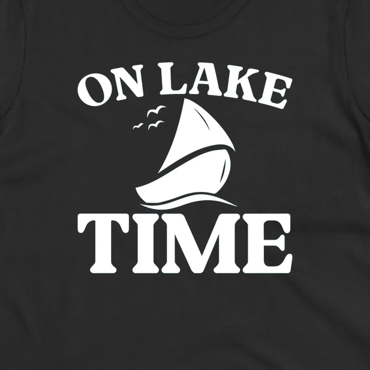 On lake time sailboat graphic with birds and waves.