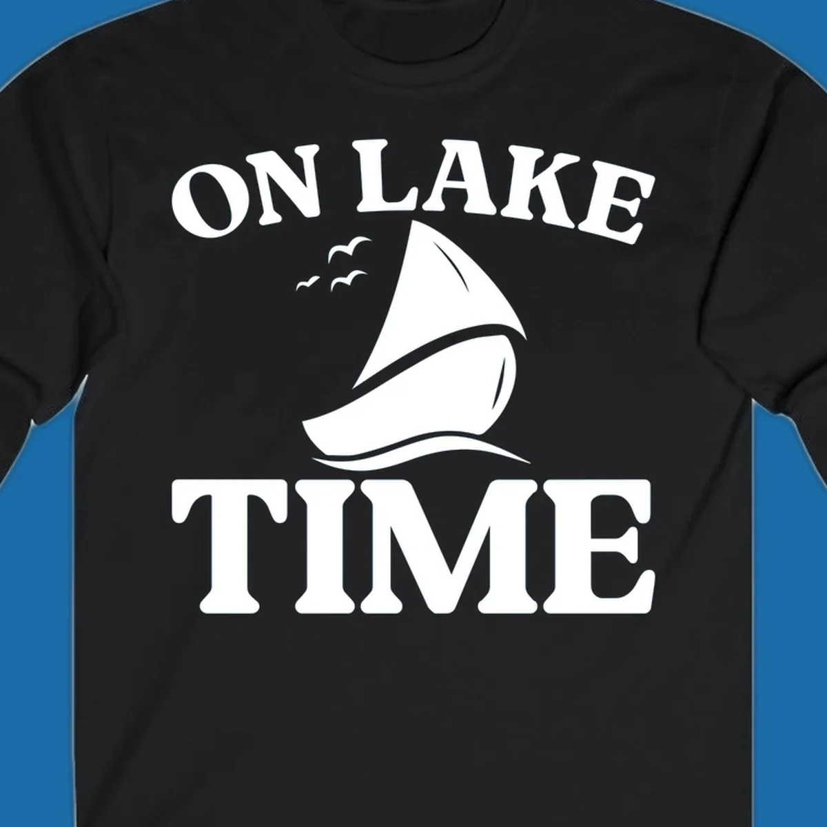 On lake time sailboat graphic with birds and waves.