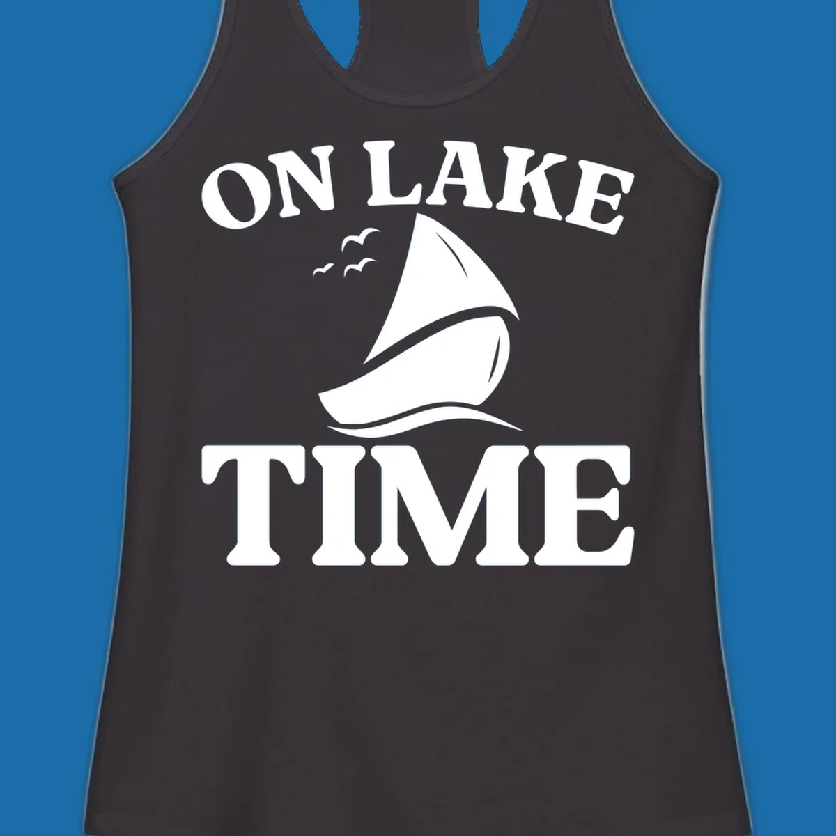 On lake time sailboat graphic with birds and waves.