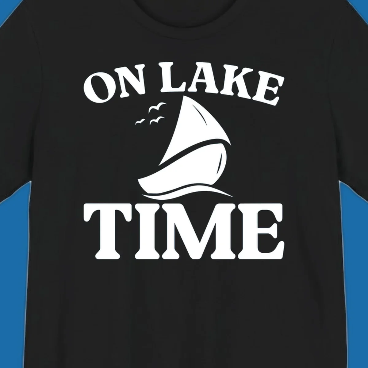 On lake time sailboat graphic with birds and waves.