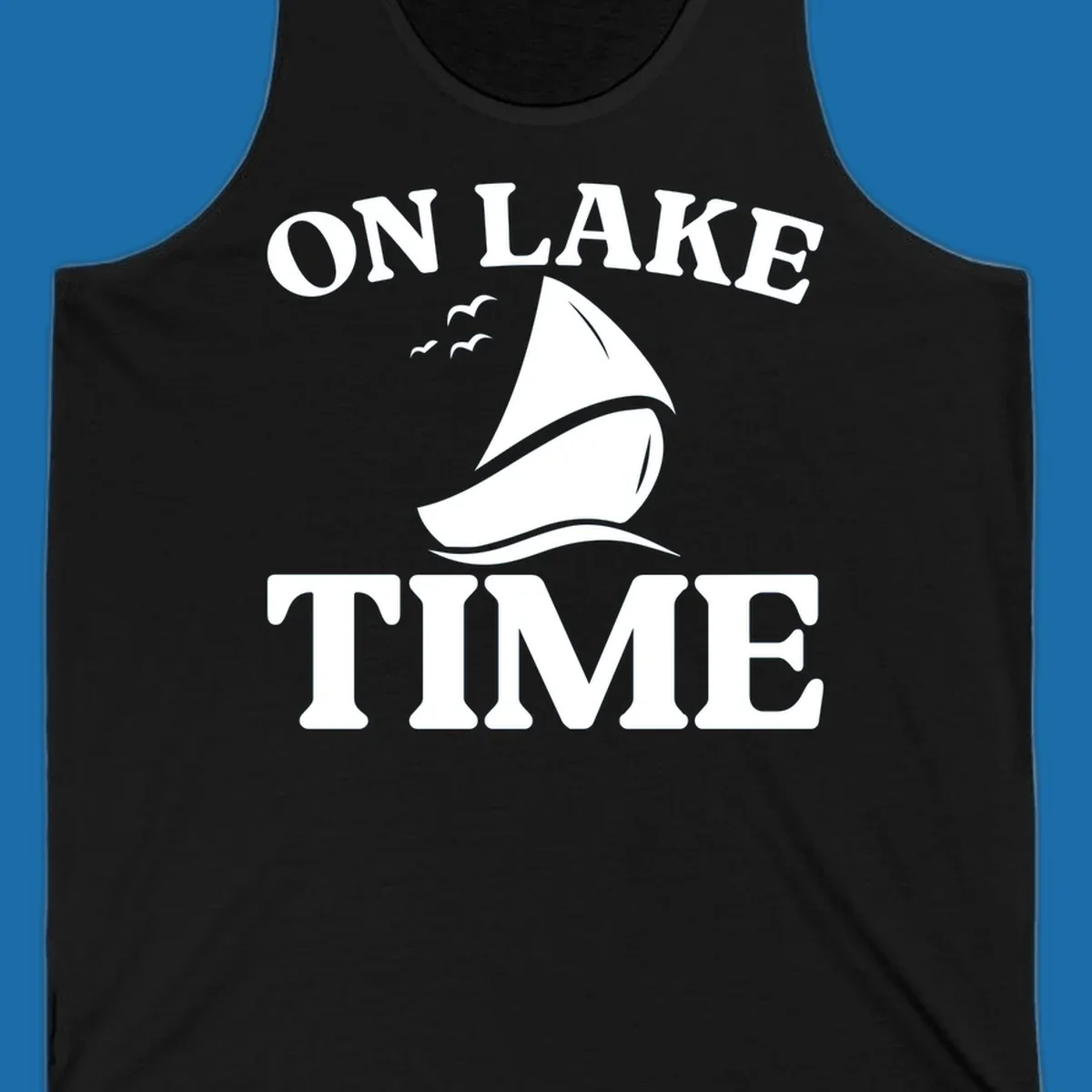 On lake time sailboat graphic with birds and waves.