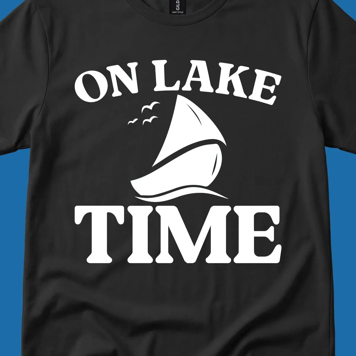 On lake time sailboat graphic with birds and waves.