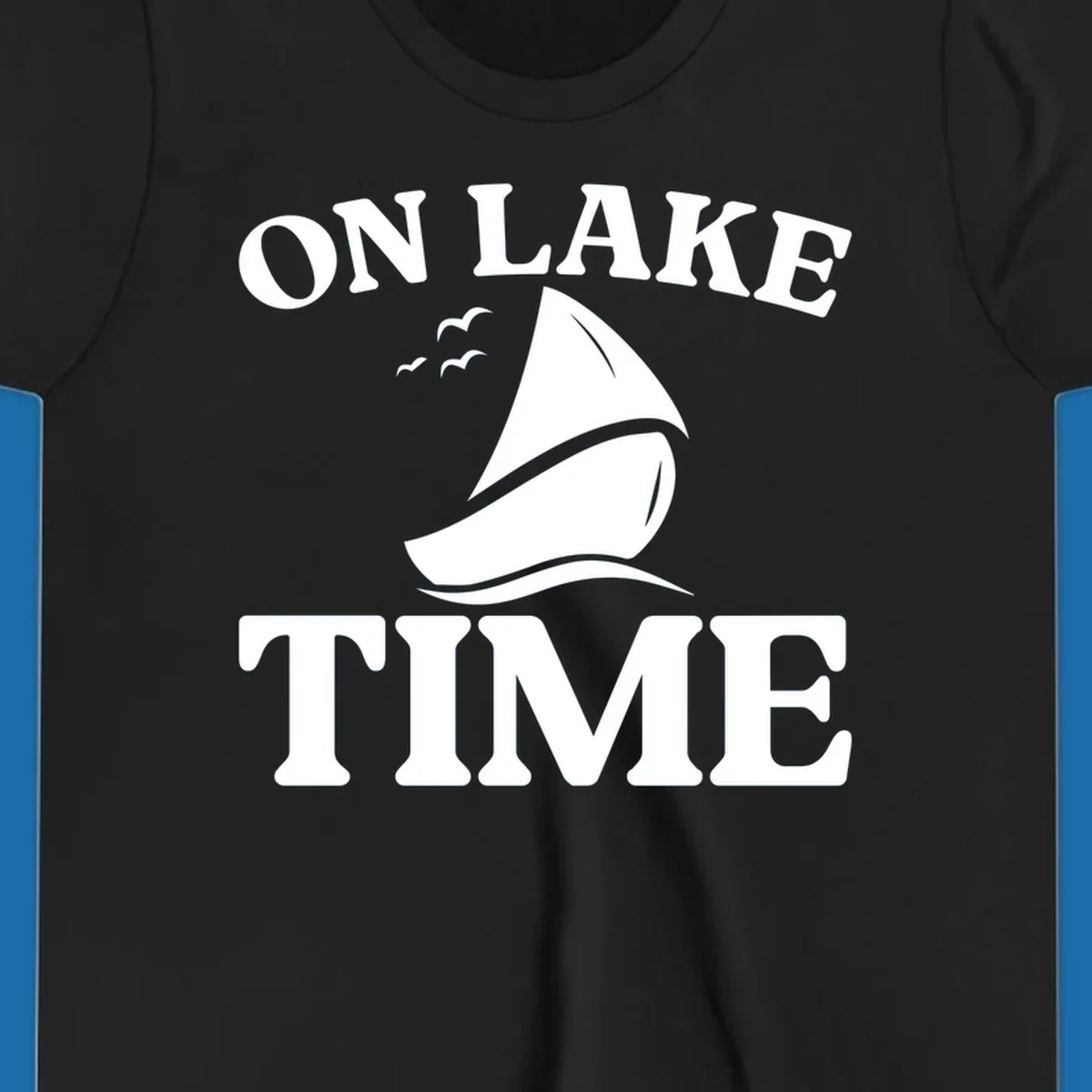 On lake time sailboat graphic with birds and waves.