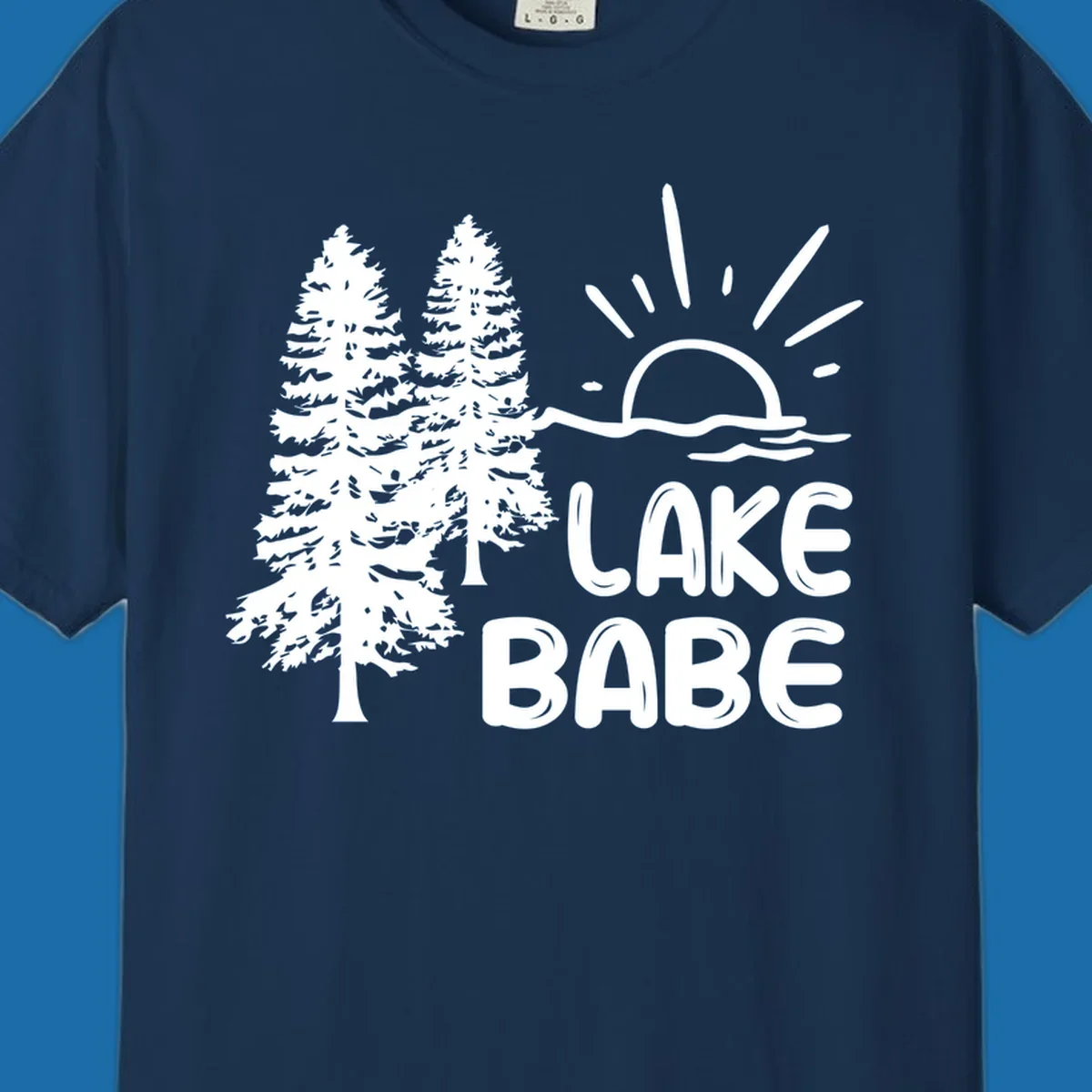 White graphic of pine trees, sun rising over water, and text 'LAKE BABE' on a black background.