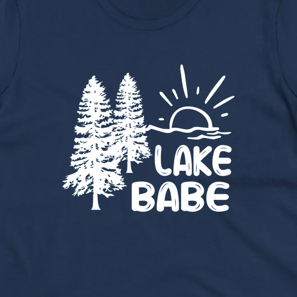White graphic of pine trees, sun rising over water, and text 'LAKE BABE' on a black background.