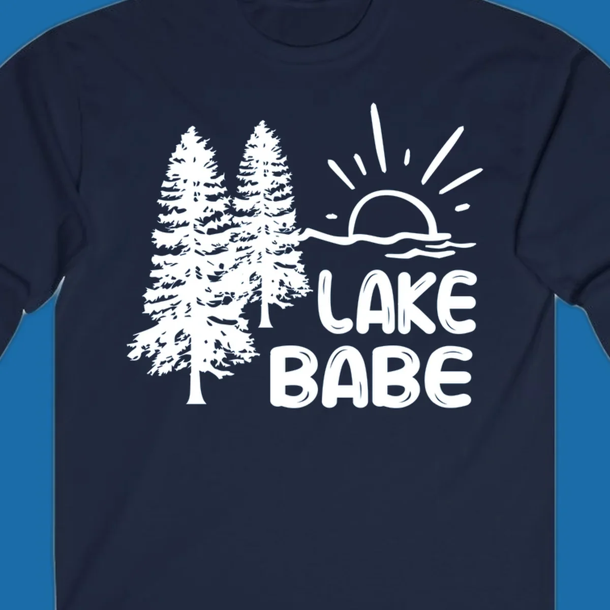 White graphic of pine trees, sun rising over water, and text 'LAKE BABE' on a black background.