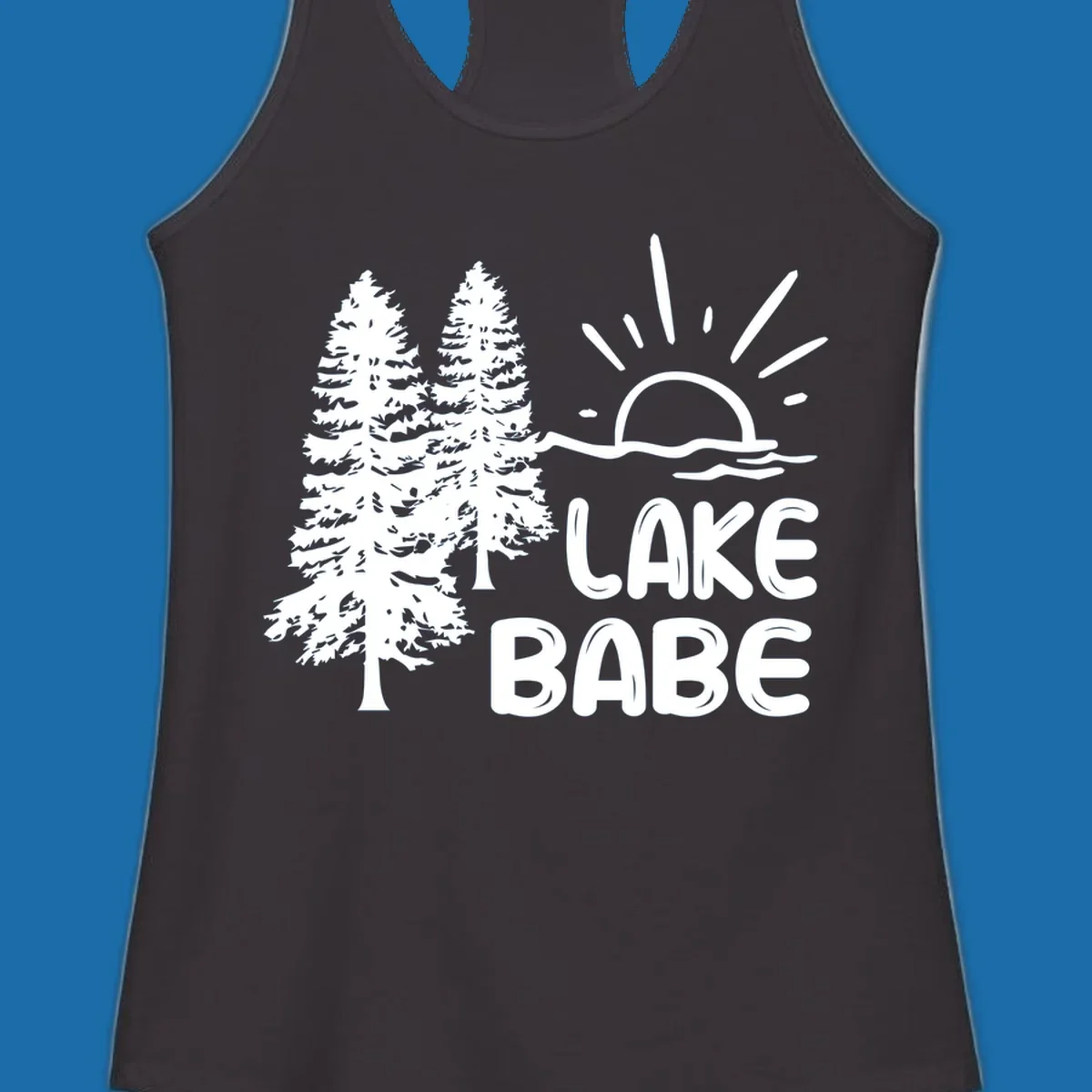 White graphic of pine trees, sun rising over water, and text 'LAKE BABE' on a black background.