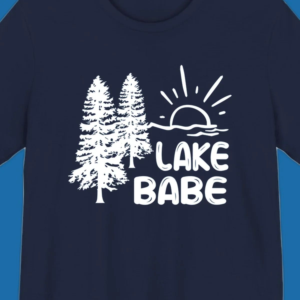 White graphic of pine trees, sun rising over water, and text 'LAKE BABE' on a black background.