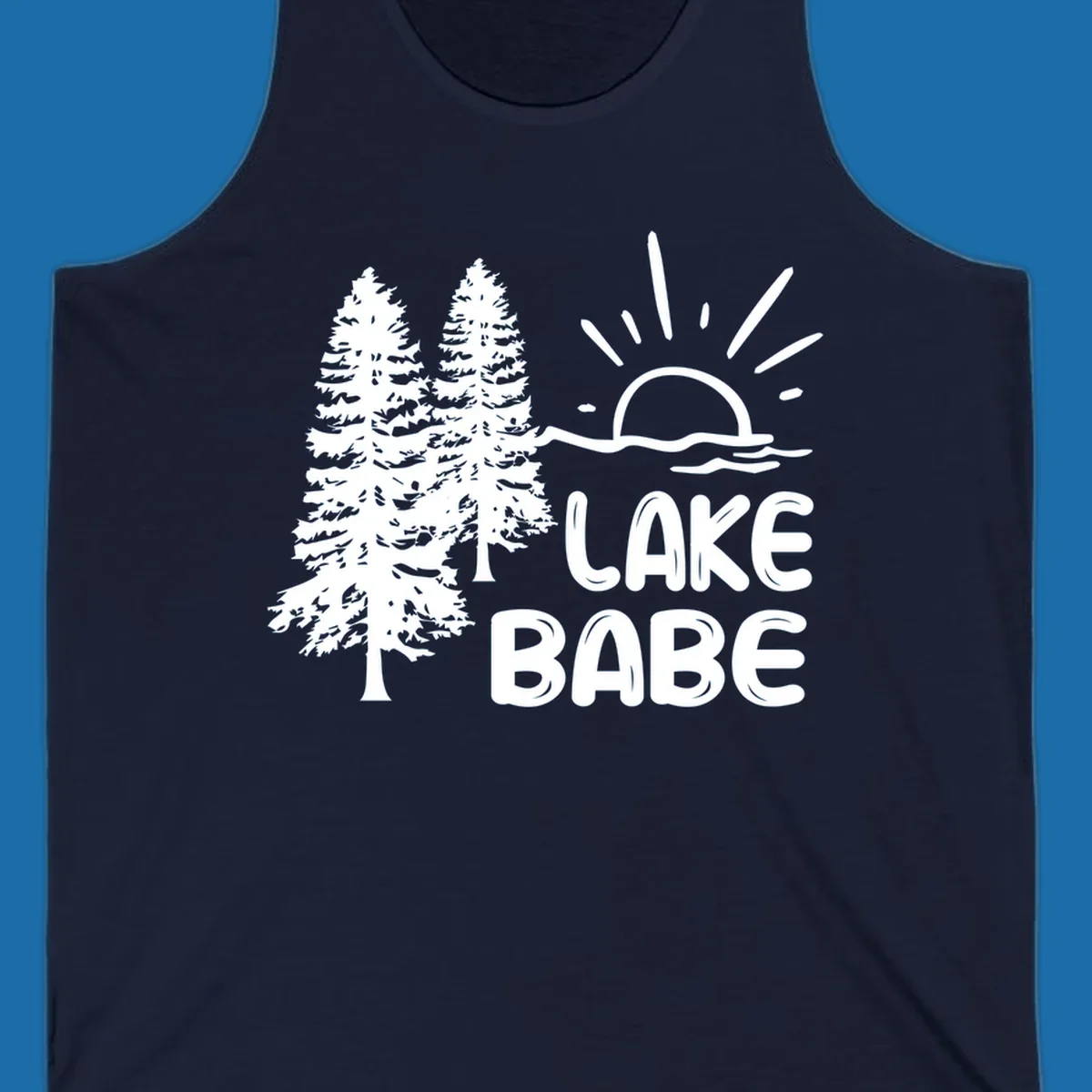 White graphic of pine trees, sun rising over water, and text 'LAKE BABE' on a black background.
