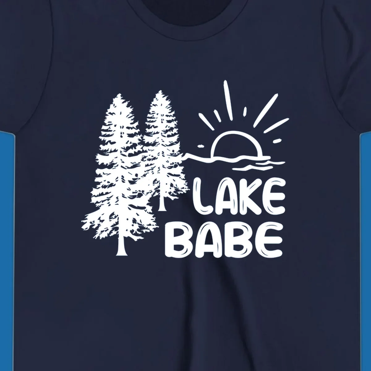 White graphic of pine trees, sun rising over water, and text 'LAKE BABE' on a black background.