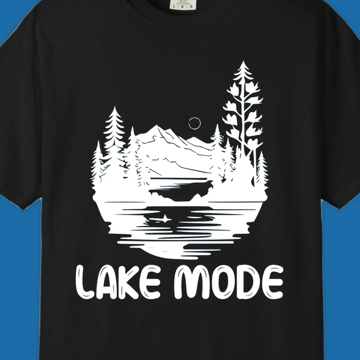 Lake mode mountain landscape with trees and moon, text 'LAKE MODE'.