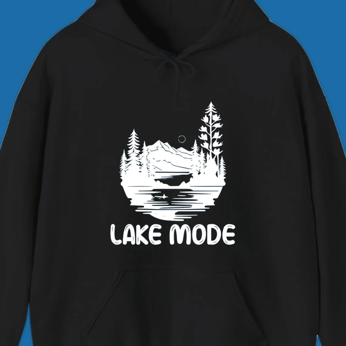 Lake mode mountain landscape with trees and moon, text 'LAKE MODE'.