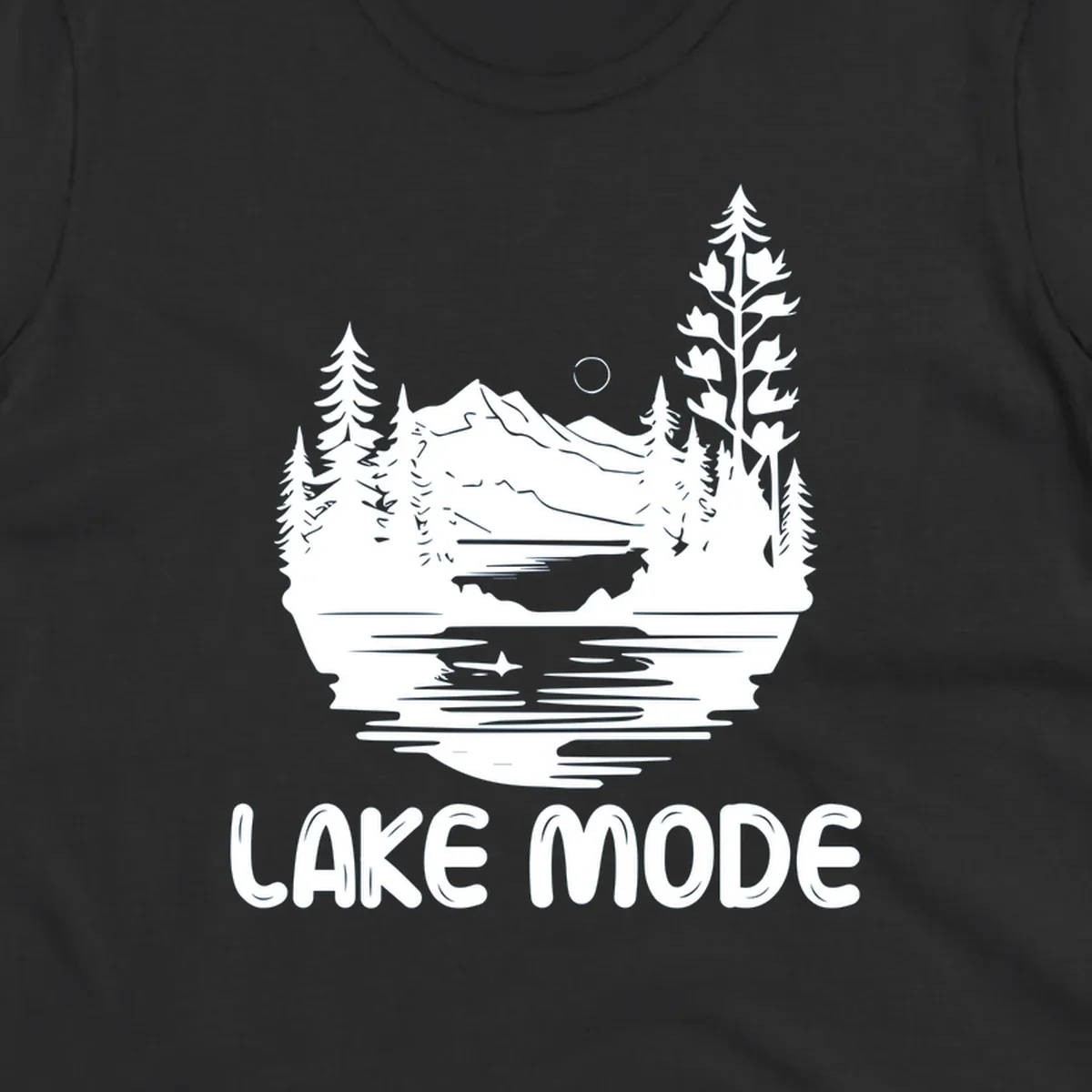 Lake mode mountain landscape with trees and moon, text 'LAKE MODE'.